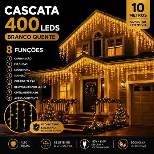 Cascata Natal com 8 Funções 400 Leds 10 Metros Branco Quente Extensível Macho Fêmea a Prova D'agua área interna e externo para Casa e Apartamento LARUNO