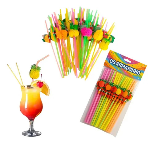 Kit 60 Canudo Enfeite Drink Frutas Guarda Chuva Sol para Festa Decorado Cor Sortidos - Frutas