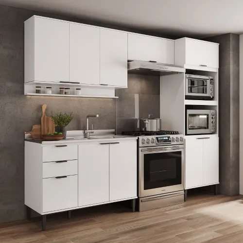 Armário de Cozinha Completa c Balcão Miami Box Carraro Branco