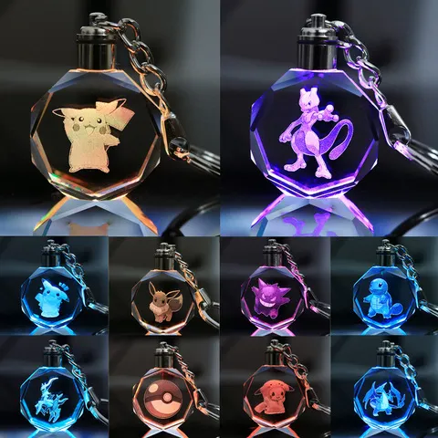 Luminária de Cristal Colorida Anime Pokémon, Chaveiro de Figuras de Ação Pikachu, Pingente de Vidro, Luz Noturna, Brinquedos e Presentes