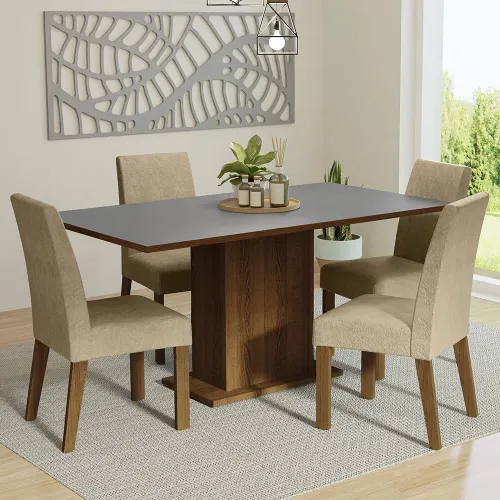 Conjunto Sala de Jantar Mesa Tampo de Madeira 4 Cadeiras Rustic/Cinza/Imperial Keila Madesa