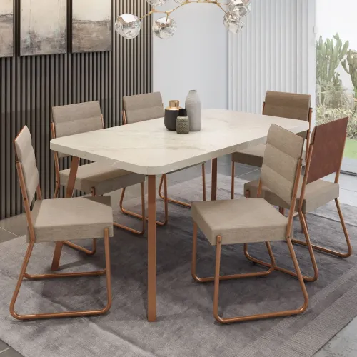 Conjunto Sala de Jantar 6 Cadeiras Almería Carraro Petra Areia Rosê