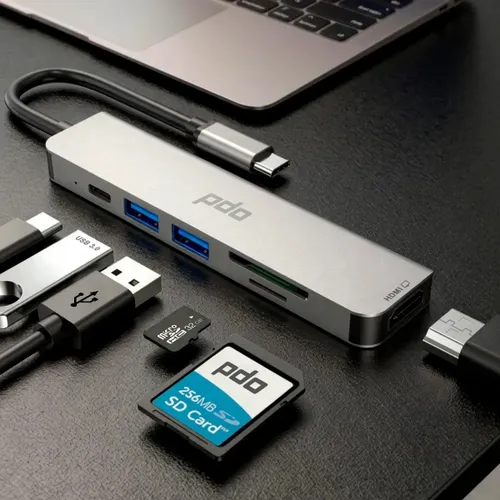 Hub USB-C 6 em 1 PDO com HDMI 4K e 3 Portas USB para Notebook, MacBook e iPad