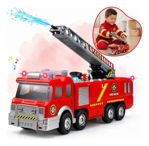 Caminhão de Bombeiro de Brinquedo Musical que Lança Jato de Água de Verdade com Sirene Luzes e Função Bate e Volta Carrinho a Pilha 24cm Infantil Kizumba