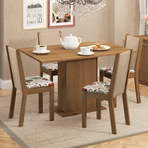 Conjunto Sala de Jantar Madesa Talita Mesa Tampo de Madeira com 4 Cadeiras Rustic/Crema/Floral Hibiscos