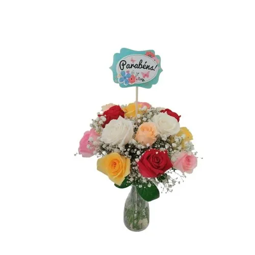 12 Lindas Rosas Coloridas com Vaso
