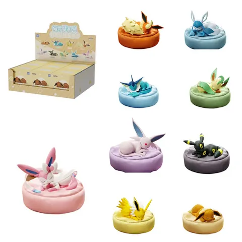 Figuras Colecionáveis Eevee Multi Formas em Pose de Dormir - Caixa Surpresa Kawaii para Decoração de Mesa e Acessórios para PC