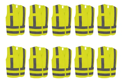 Kit com 10 Coletes Refletivos Tipo Blusão com Zíper, Amarelo e Tamanho G