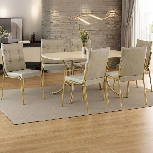Conjunto Sala de Jantar 6 Cadeiras Madrid Carraro Off Dourado