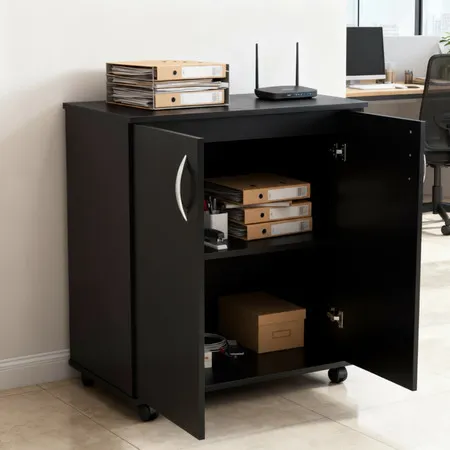 Armário Baixo 60cm 2 Portas Rodízios Preto MDP Escritório Home Office Compacto Aparador Arquivo