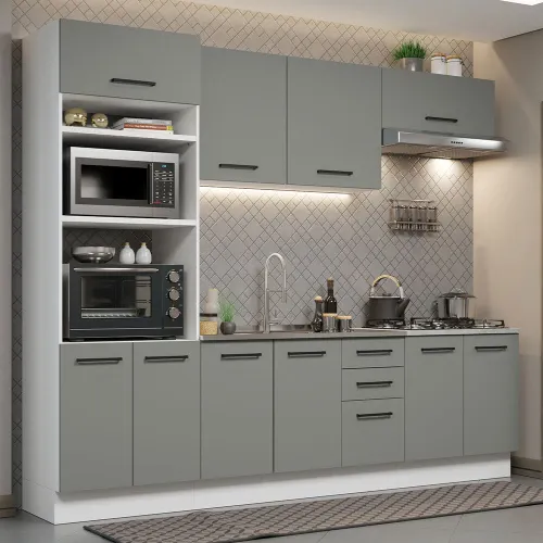 Armário de Cozinha Completa 270cm Branco Cinza Agata Madesa 01