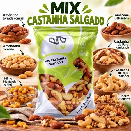 Mix de Nuts Salgado com Castanha de Caju, Amendoa Defumada, Milho torrado mostardal e mel castanha do pará