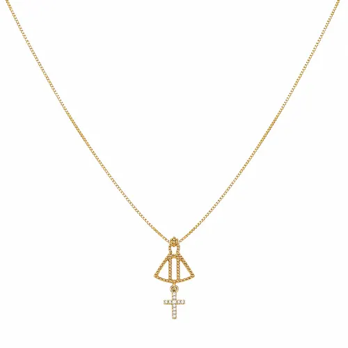Colar 40 cm Nossa Senhora Aparecida com Cruz e Diamantes Ouro 18K