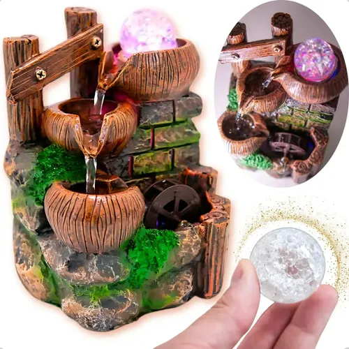 Fonte de Água Cascata Relaxante Decorativa 3 Quedas Moinho Colorida