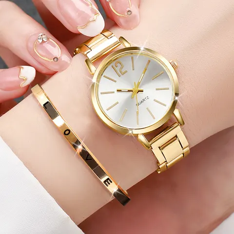 2 peças relógio feminino moda pulseira de aço dourado relógio de pulso de quartzo conjunto de pulseira de punho de abertura