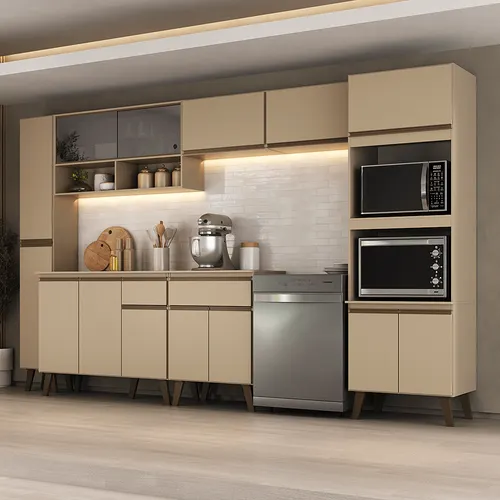 Armário de Cozinha Completa Atlanta Avenue com Vidro Carraro Amêndoa
