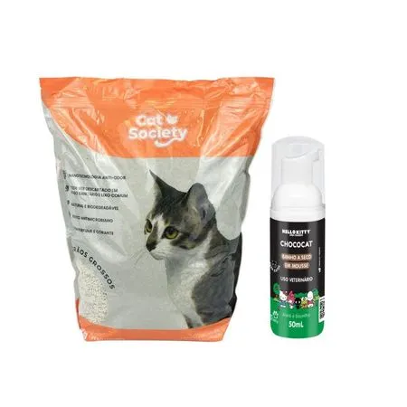 Kit Areia Higiênica para Gatos Cat Society Grãos Grossos + Banho a Seco Hello Kitty Choco Mousse