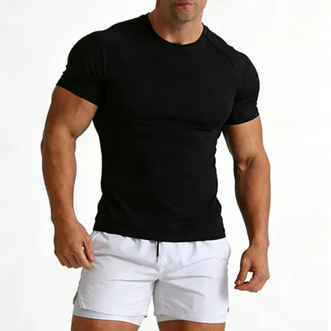 Camiseta Masculina de Algodão e Elastano de Manga Curta, Top de Alta Elasticidade para Atividades Físicas de Verão, Academia, Fitness, Treino e Uso Casual Diário