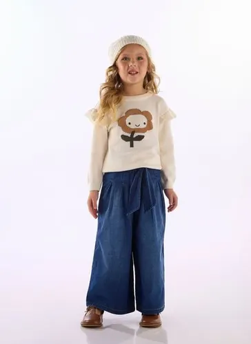 Blusão Infantil Menina em Tricot com Bordado de Flor Off White