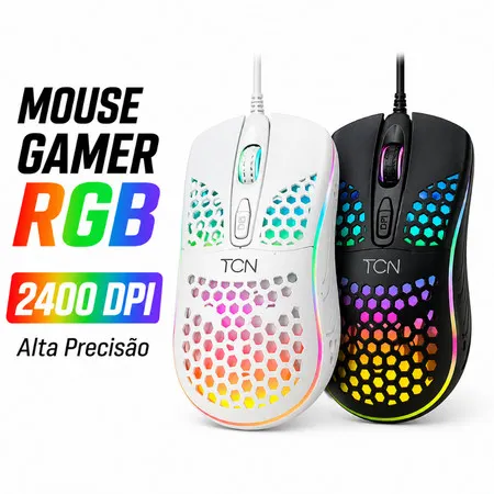 Mouse Gamer RGB TCN 2400 DPI USB LED Óptico 4 Botões Ergonômico PC Notebook Branco/Preto.