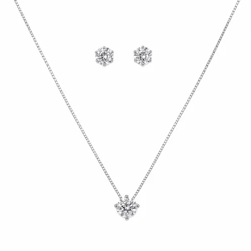 Conjunto em Prata de Lei com Pingente Redondo de 5 mm Cravejado de Zircônias