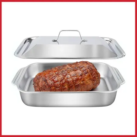Assadeira Retangular Aço Inox com Tampa Antiderrapante Resistente Altas Temperaturas Forno Churrasco
