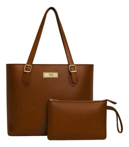 Kit Bolsa Tipo Sacola Grande com Carteira Feminina Cor Marrom Desenho do Tecido Trançado