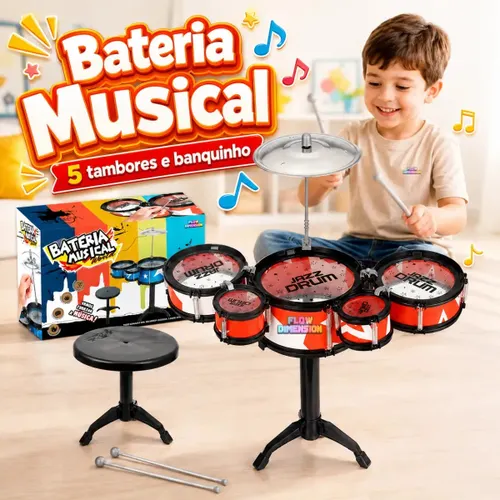 Bateria Infantil com 5 Tambores e Banco, para Crianças Azul Flow Dimension