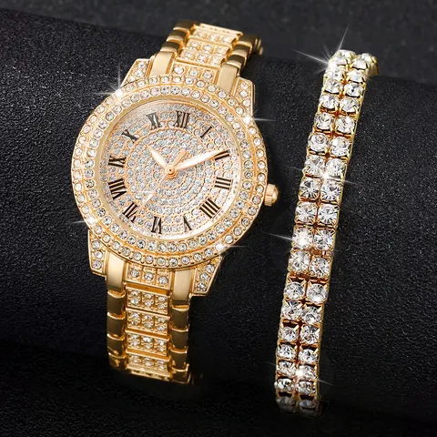 Relógio quartzo diamante completo para mulheres, pulseira de aço dourado, conjunto de pulseiras analógico, moda, 2 peças