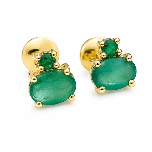 Brinco Oval 7 mm com 4 Esmeraldas em Ouro 18K