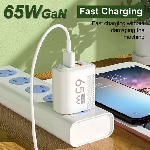 Carregador USB GaN de 65W PD QC3.0 com Plugue EU/US, Adaptador de Parede para iPhone, Samsung, Xiaomi, Carregamento Rápido Tipo C