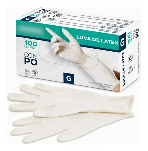 Luva de Látex Descartável Branca com Pó Tamanho G Caixa 100 Unid