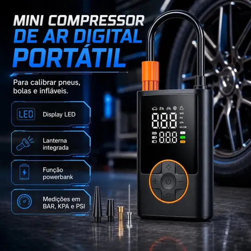 Compressor Portátil Car Air Pump Digital com Visor para Carro Moto Bike Calibrador de Pneu Multifuncional