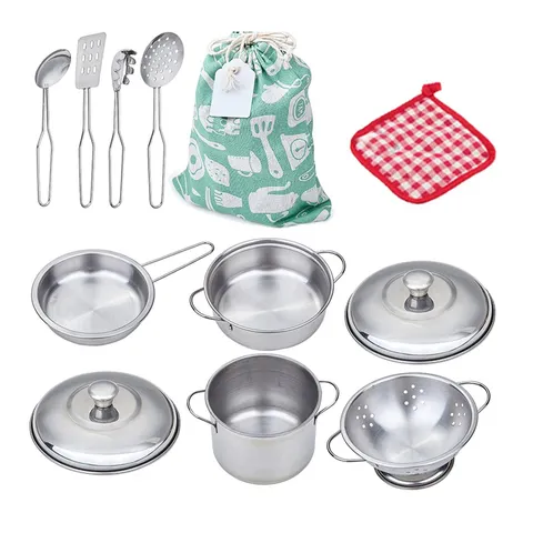 Conjunto de Cozinha de Brinquedo com Bolsa de Armazenamento, Brinquedo de Cozinha Simulado, Panela de Sopa em Aço Inoxidável, Espátula, Colher, Chef Infantil