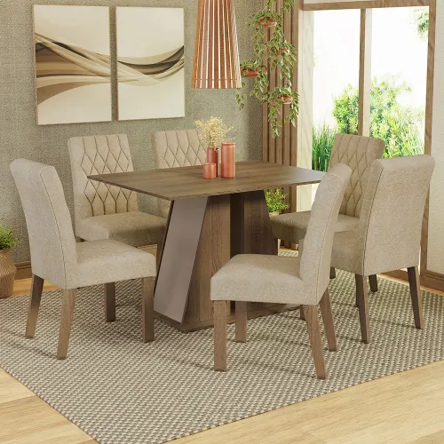 Conjunto Sala de Jantar Mesa Tampo de Madeira 6 Cadeiras Rustic/Crema/Imperial Fabiana Madesa