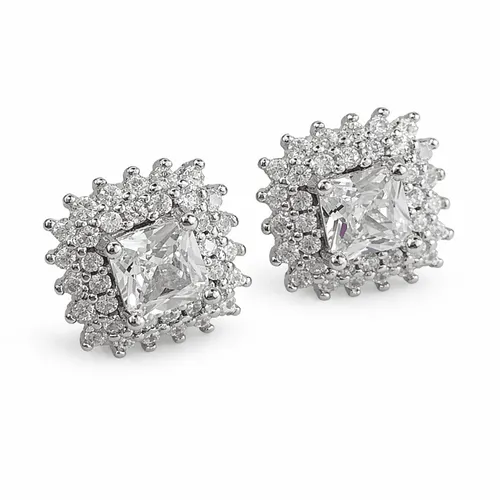 Brinco Prata 5 mm Quadrado 2 Fileiras com Zircônias