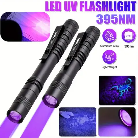 Lanterna de caneta UV de 395nm, lanterna de luz negra com detector portátil de clipe para hotel/urina de animais de estimação/bugs de cama/acampamento (alimentado por bateria AAA)