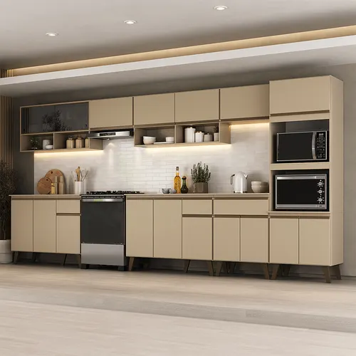 Armário de Cozinha Completa Atlanta Solare com Vidro Carraro Amêndoa