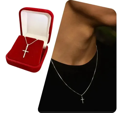 Colar de Prata 925 Masculina Veneziana Pingente Cruz Cor 60 cm SOS JOIAS