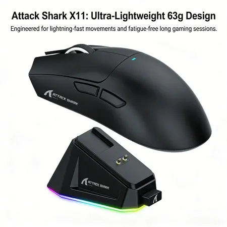 Mouse Attack Shark X11 Bluetooth para notebook sem fio com dock de carregamento magnético 63 g ultraleve 22000 DPI novo