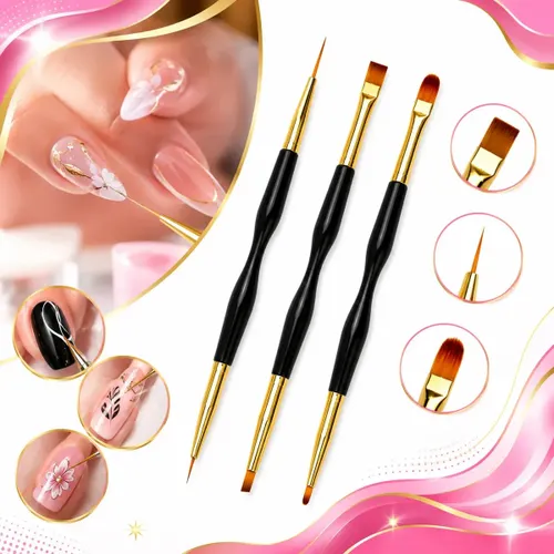 Kit 3 Pincéis 2 Pontas Unhas Gel Acrigel Decoração Nail Art Manicure Acabamento Profissional Ponta Dupla Boa Dica
