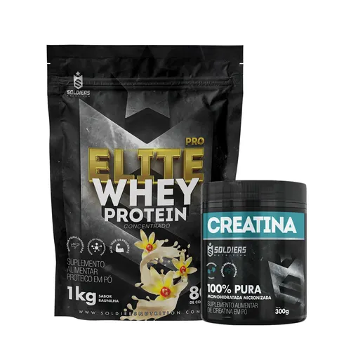 Kit: Whey Protein Elite Pro 1kg + Creatina Monohidratada Pote 300g - 100% Pura Importada - Soldiers Nutrition
