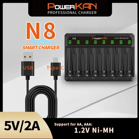 Carregador USB POWERKAN AA/AAA , Status da Bateria Indicadora LED de Carregamento Independente , Adequado para Baterias 