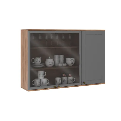 Armário Aéreo de Cozinha 120 cm 2 Pts de Vidro e 1 Pta Milla Carraro Nogal com Cinza Titânio