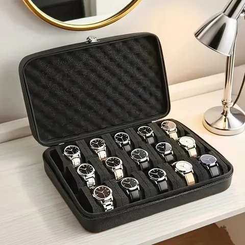 Caixa de Armazenamento de Relógios Avançada com 15 Compartimentos à Prova de Pressão, Estojo Portátil para Viagem, Organizador de Joias para Homens, Casa e Escritório