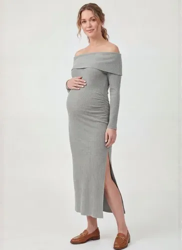 Vestido Midi Gestante Canelado Ombro a Ombro (Cinza) Just Basic