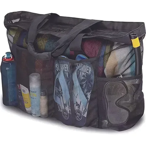1pc Bolsa de Praia Extra Grande em Malha, Sacola de Malha Respirável com Zíper e Bolsos Laterais, Bolsa Organizadora Portátil de Grande Capacidade