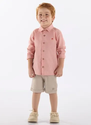 Camisa Infantil Masculina em Linho e Algodão Rosa