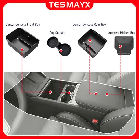 Bandeja Organizadora para Console Central para Tesla Model Y Juniper Model 3 Acessórios YL 2026 2025 Caixa de Armazenamento para Apoio de Braço Tampa Porta-Copos