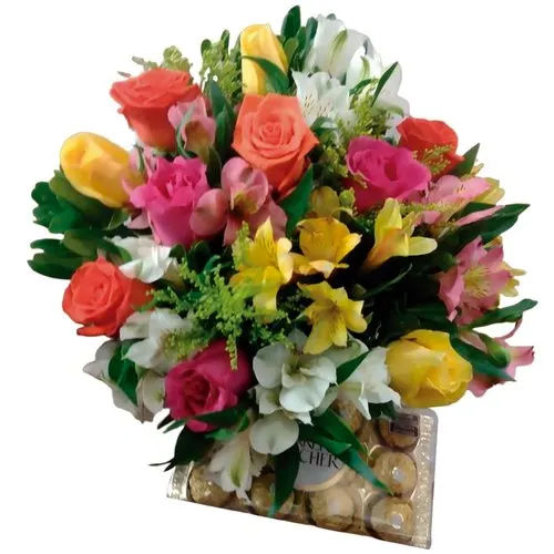 Buquê de Rosas e Astromélias Coloridas